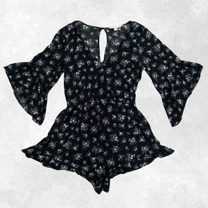American Eagle Black/Blue/White Floral Bell Sleeve V Neck Romper